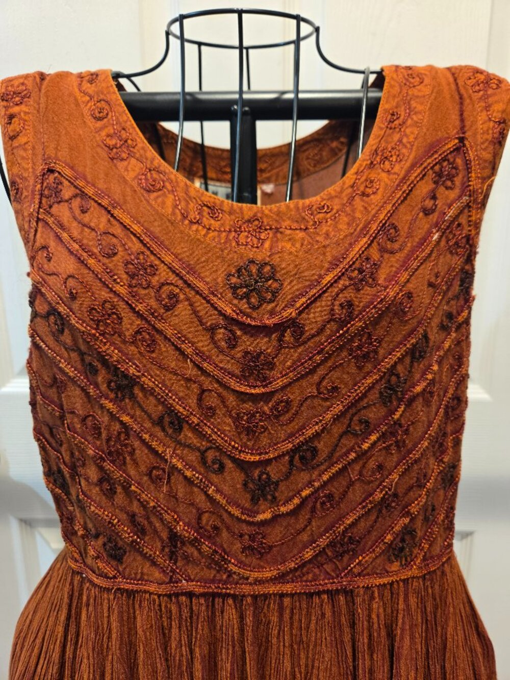 M.P.H. Embroidered rust-orange L/Large sleeveless boho rayon dress